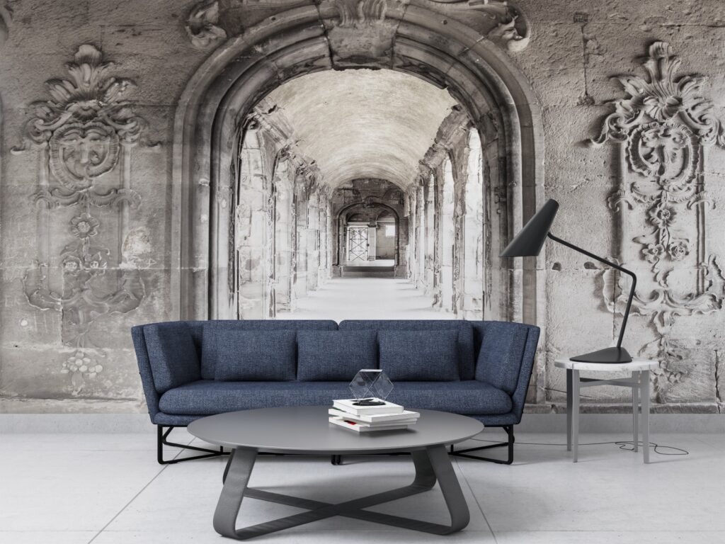 3D Arch Corridor Wallpaper : Old Stone Architecture Mural - View 3