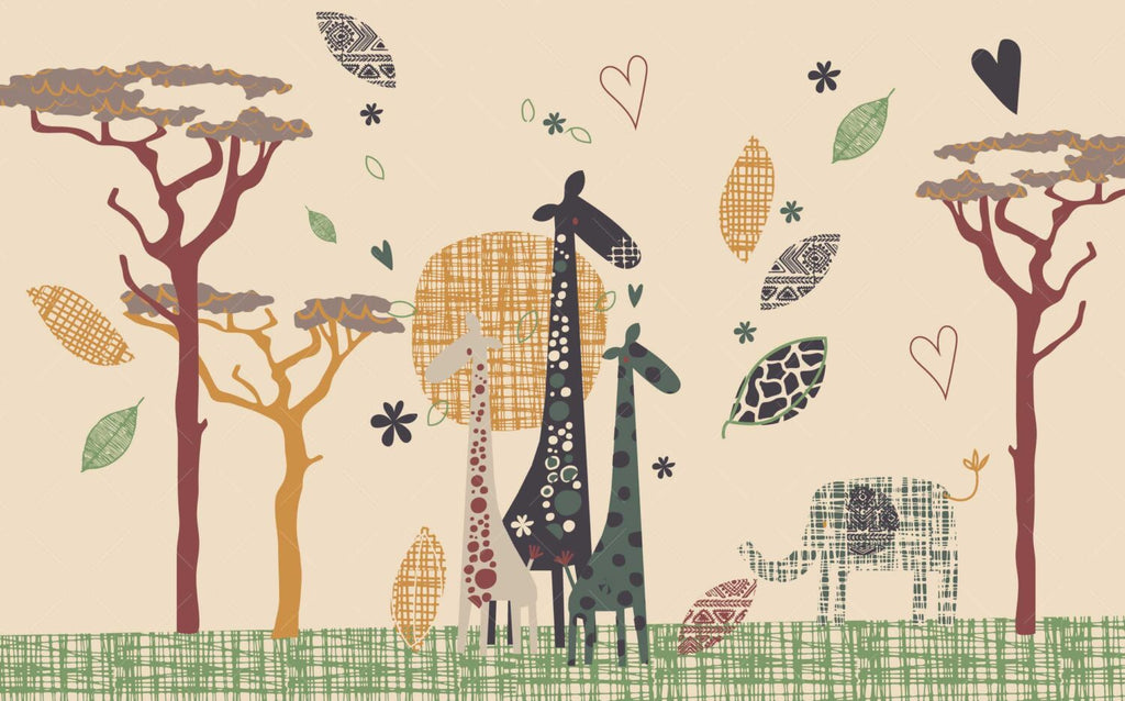 Giraffe Savanna Kids Wallpaper : Boho Tree Safari Mural - View 2