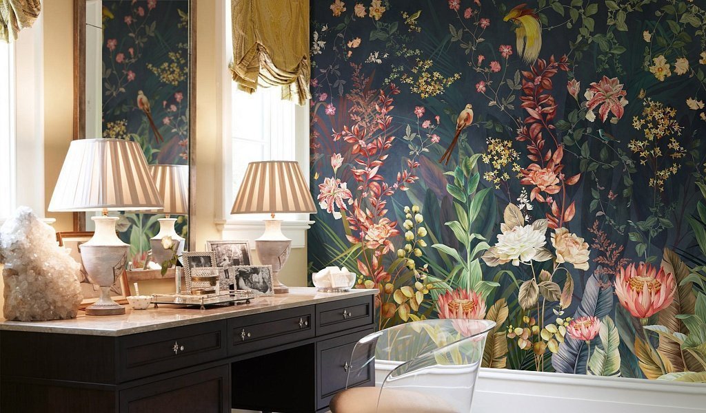 Dark Garden Floral Wallpaper : Coral Lilies on Navy Mural