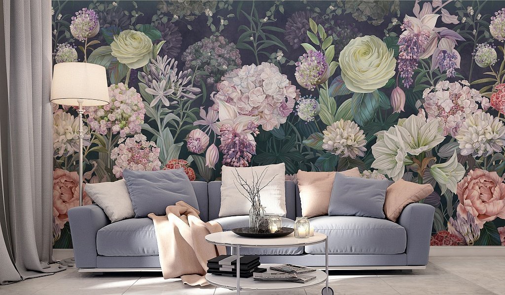 Large Rose Bouquet Wallpaper : Dark Green Peony Mural