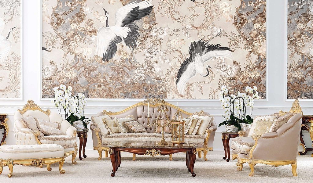 Gold Crane Wallpaper : Mauve Baroque Floral Mural - View 4