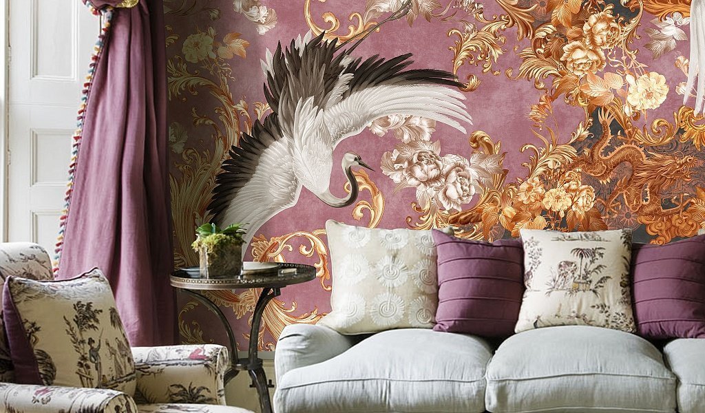 Gold Crane Wallpaper : Mauve Baroque Floral Mural