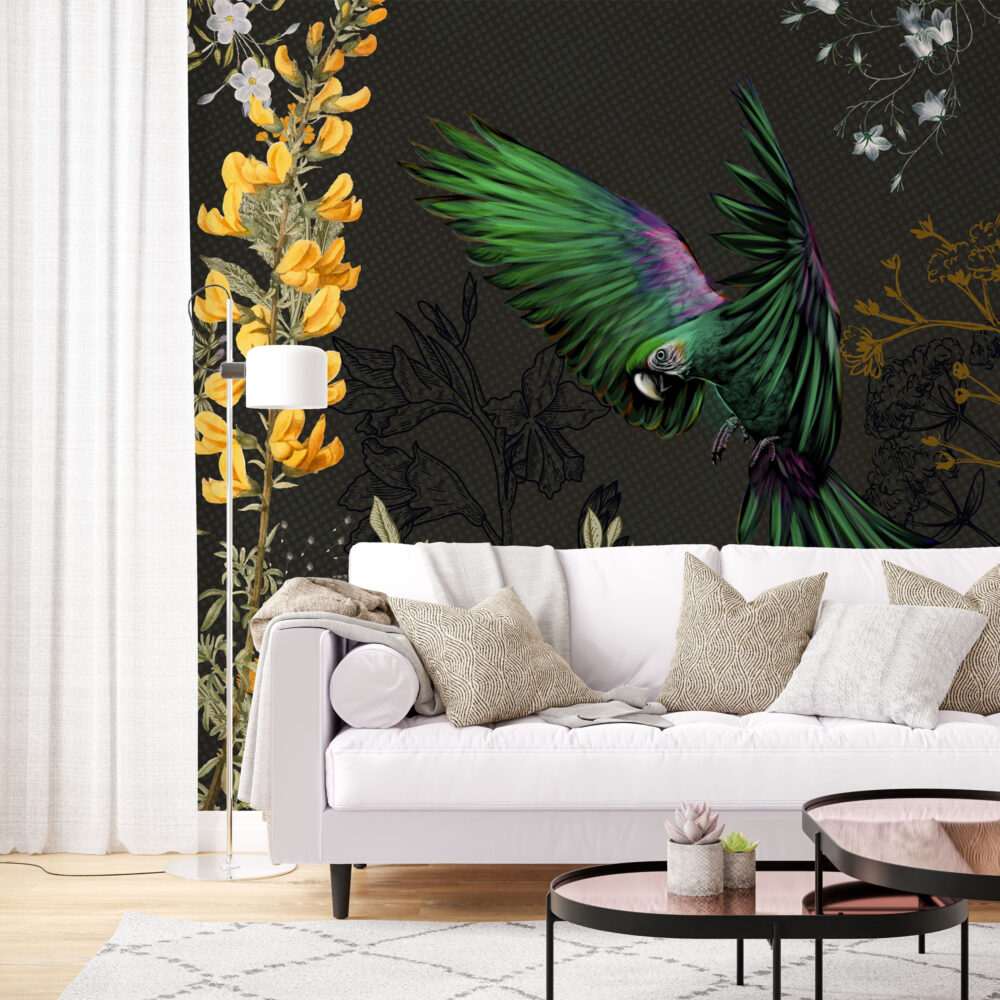 Emerald Parrot Night Wallpaper : Dark Botanical Bird Mural - View 5