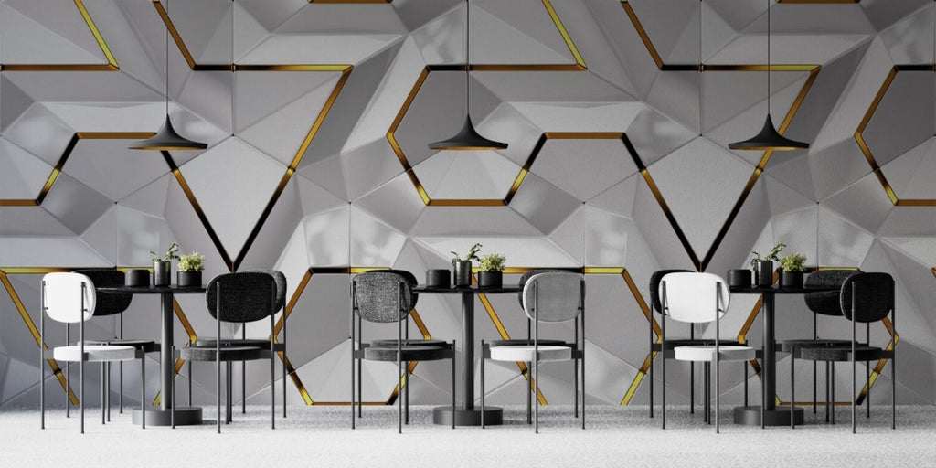 White 3D Hexagon Wallpaper : Gold Edge Geometric Mural