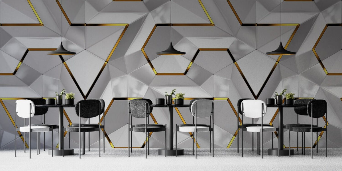 White 3D Hexagon Wallpaper : Gold Edge Geometric Mural