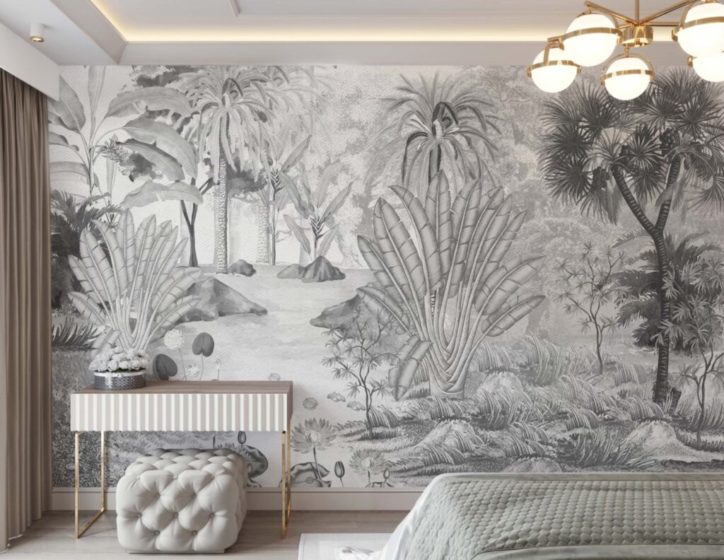 Grey Sketch Tropical Wallpaper : Monochrome Banana Leaf Landscape Mural - View 3
