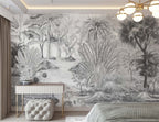 Grey Sketch Tropical Wallpaper : Monochrome Banana Leaf Landscape Mural - View 3
