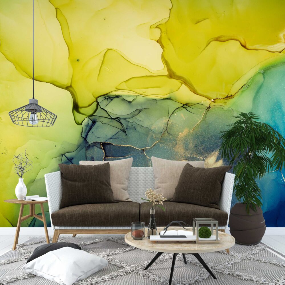 Yellow and Green Ink Wallpaper : Alcohol Ink Abstract Mural - View 2