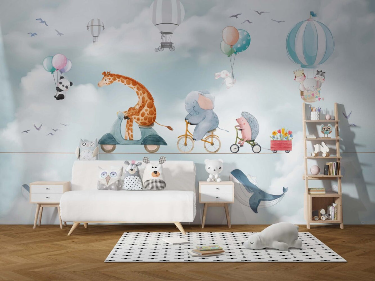Cycling Giraffe Wallpaper : Animals on Bikes Sky Mural - View 3