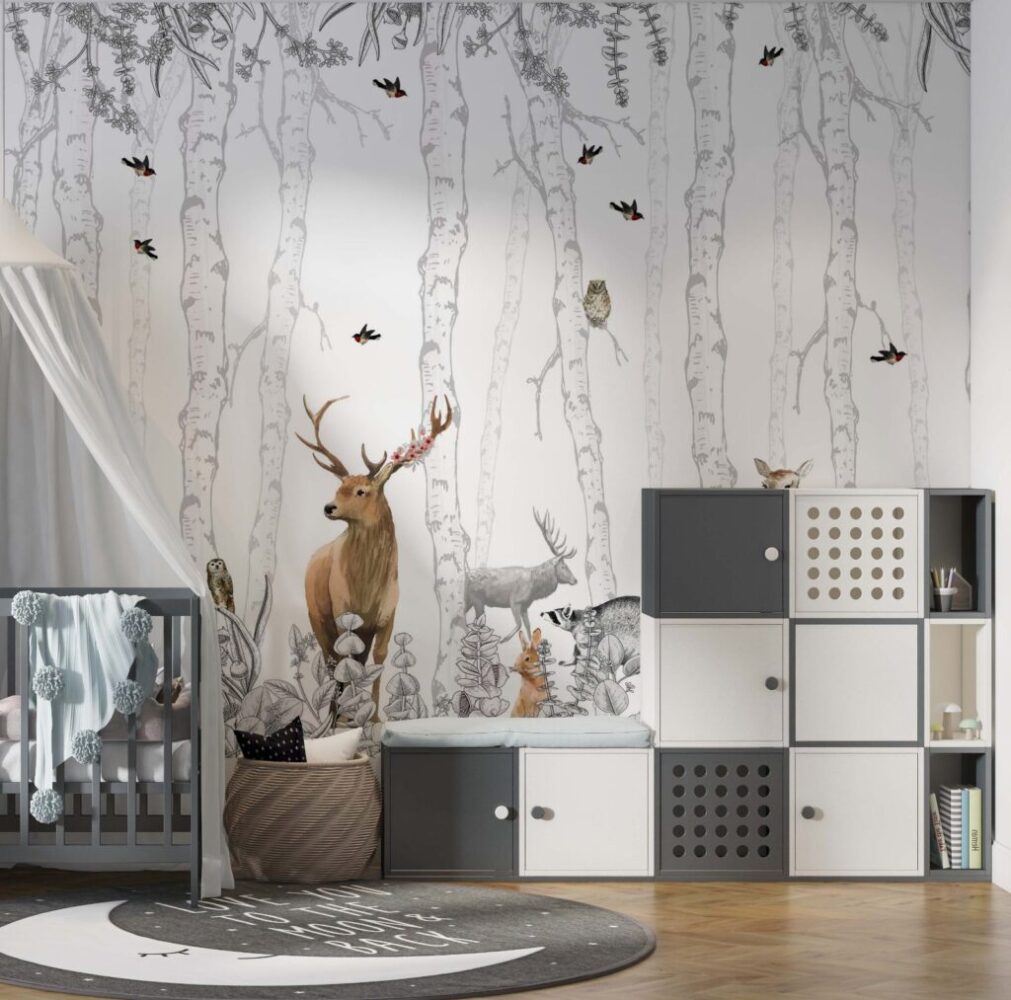 Birch Forest Deer Wallpaper : Woodland Animals Mural