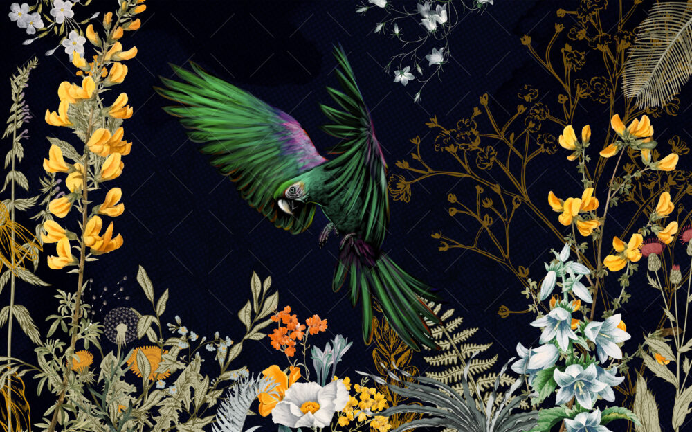 Emerald Parrot Night Wallpaper : Dark Botanical Bird Mural - View 2