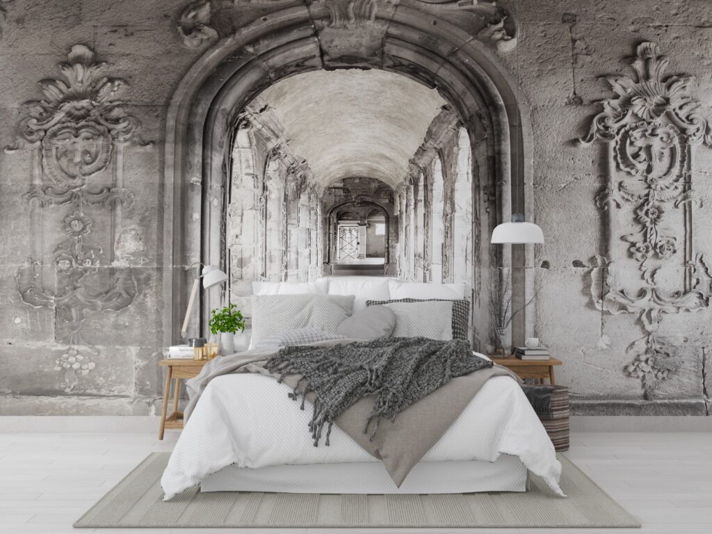 3D Arch Corridor Wallpaper : Old Stone Architecture Mural