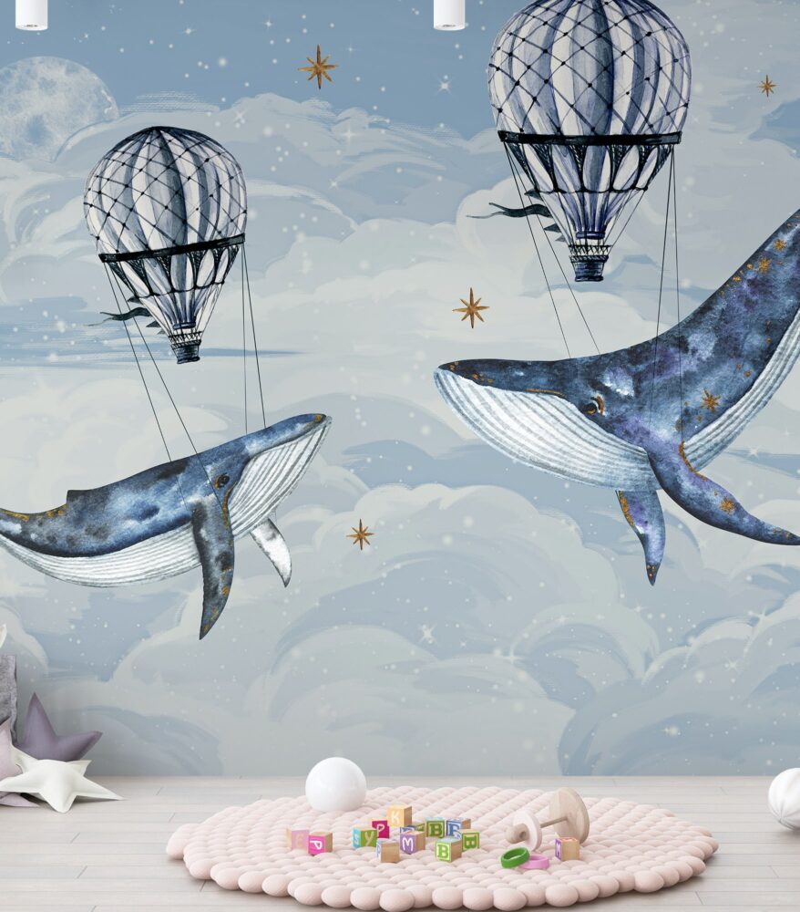 Flying Whale Wallpaper : Hot Air Balloon Sky Kids Mural - View 2