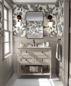 Hydrangea and Bird Wallpaper : Navy Sketch Floral Pattern Mural - View 4