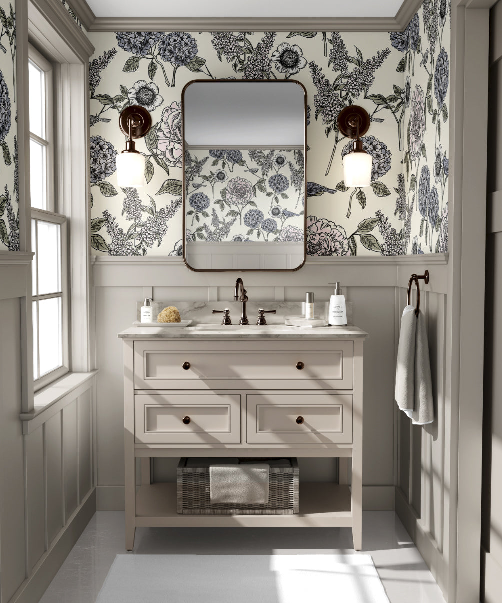 Hydrangea and Bird Wallpaper : Navy Sketch Floral Pattern Mural - View 4