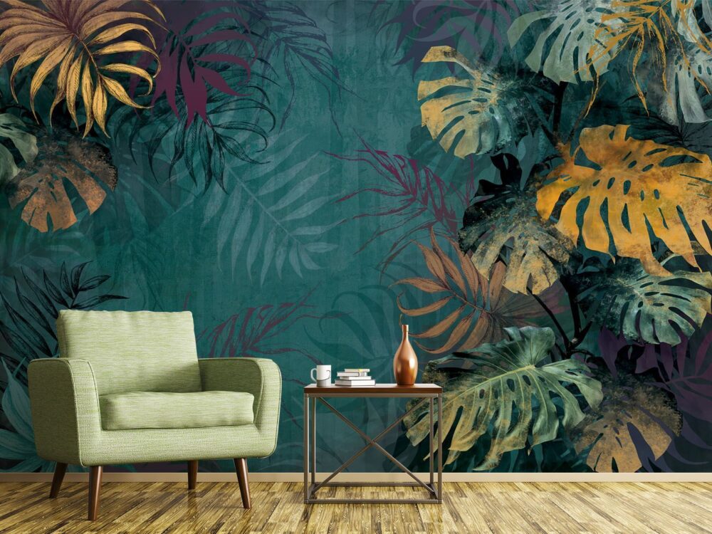 Teal Monstera Wallpaper : Dark Petrol Tropical Leaf Mural