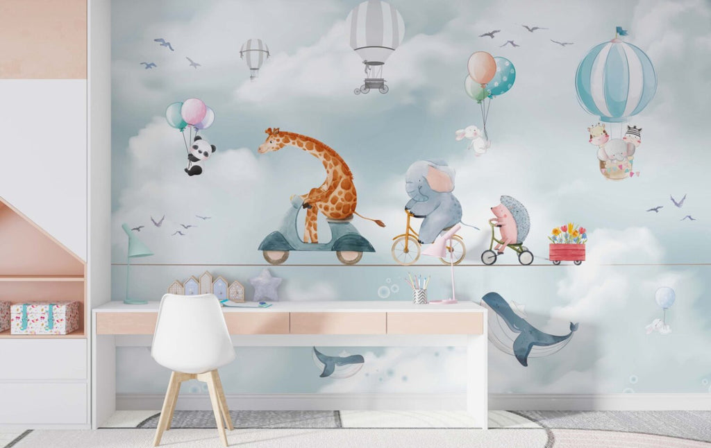 Cycling Giraffe Wallpaper : Animals on Bikes Sky Mural