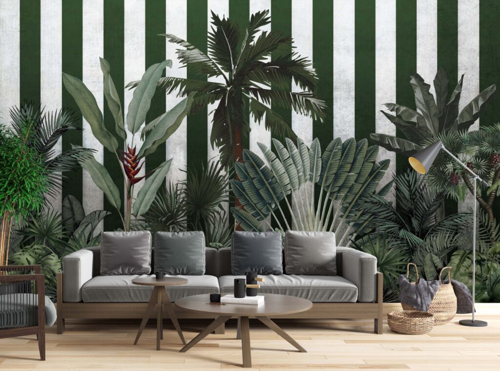 Striped Tropical Jungle Wallpaper : Green Stripes Mural - View 2