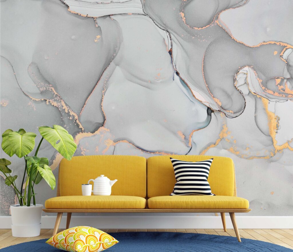 Pale Grey Marble Wallpaper : Soft Gold Vein Alcohol Ink Mural