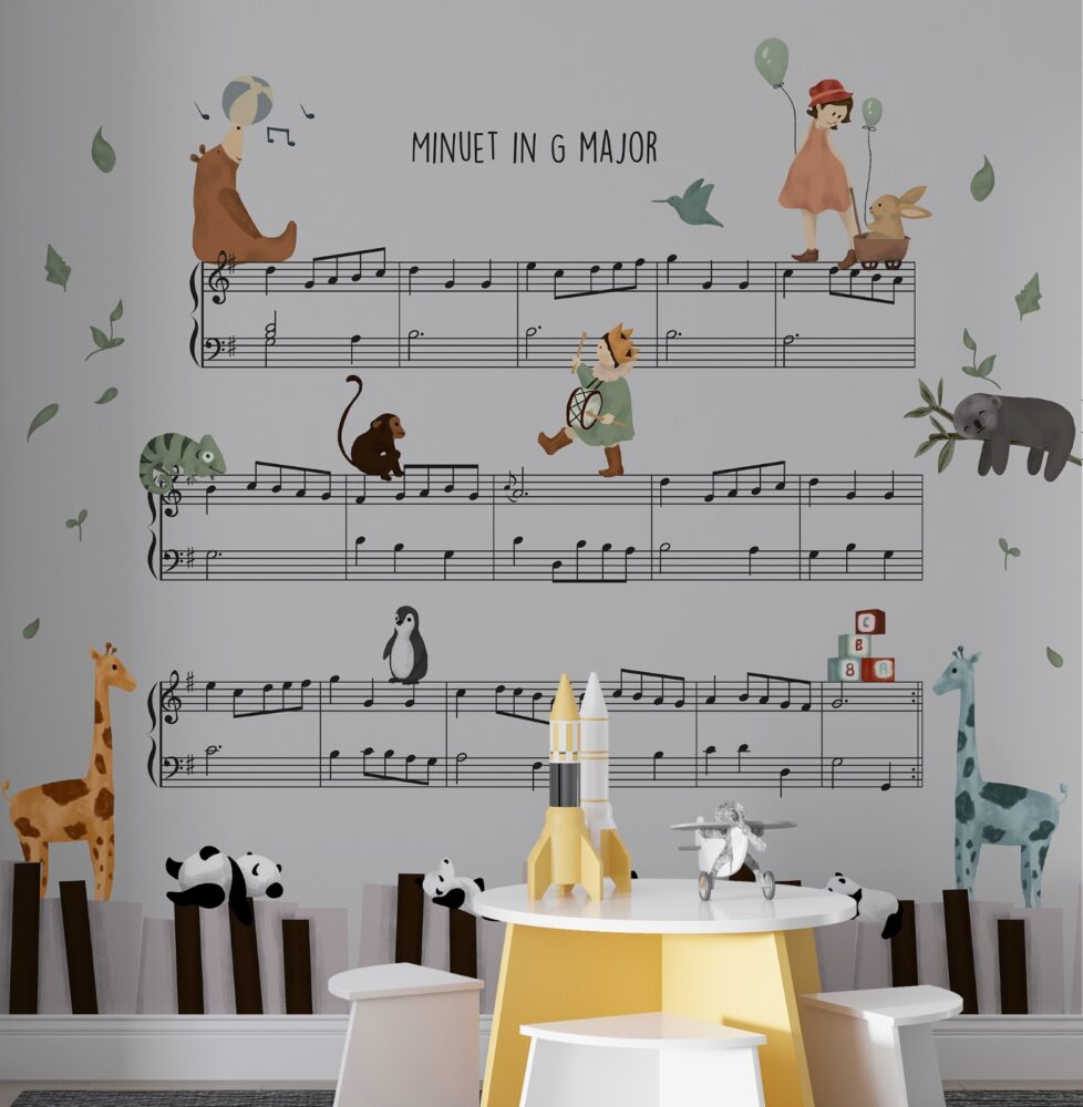 Music Notes Wallpaper : Animals on Sheet Music Kids Mural - View 3