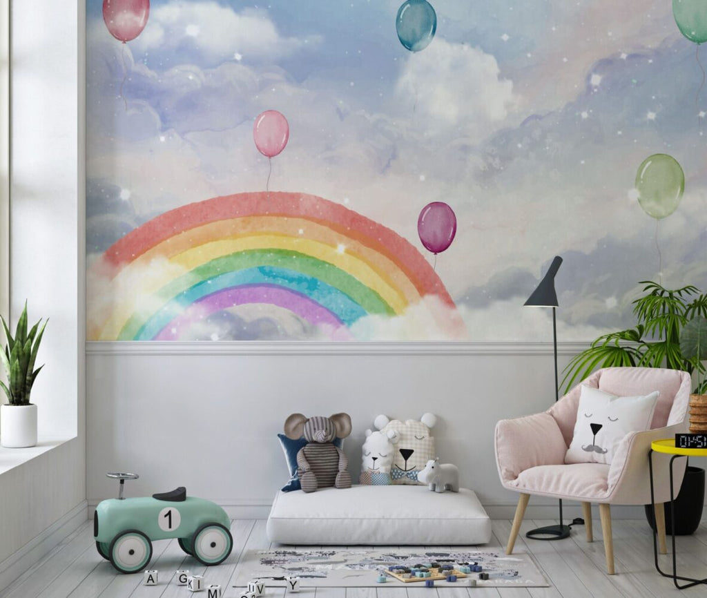Rainbow Balloon Wallpaper : Watercolor Clouds Nursery Mural