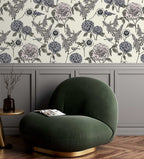 Hydrangea and Bird Wallpaper : Navy Sketch Floral Pattern Mural