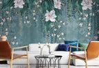 Hanging Orchid Wallpaper : Teal Vine and Pink Blossom Mural - View 3
