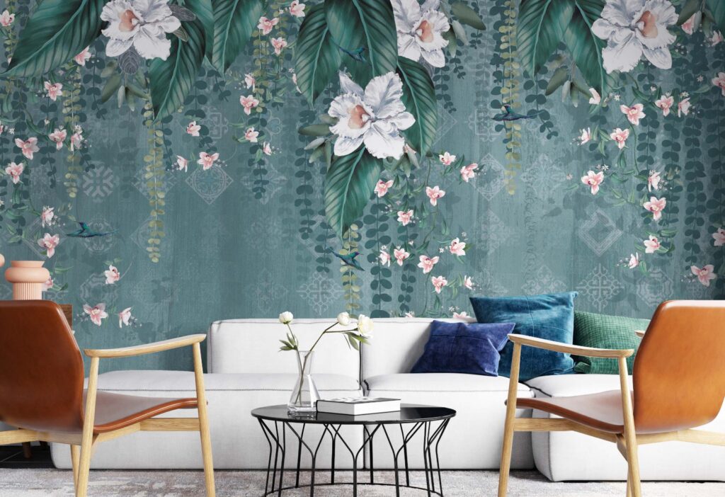 Hanging Orchid Wallpaper : Teal Vine and Pink Blossom Mural - View 3