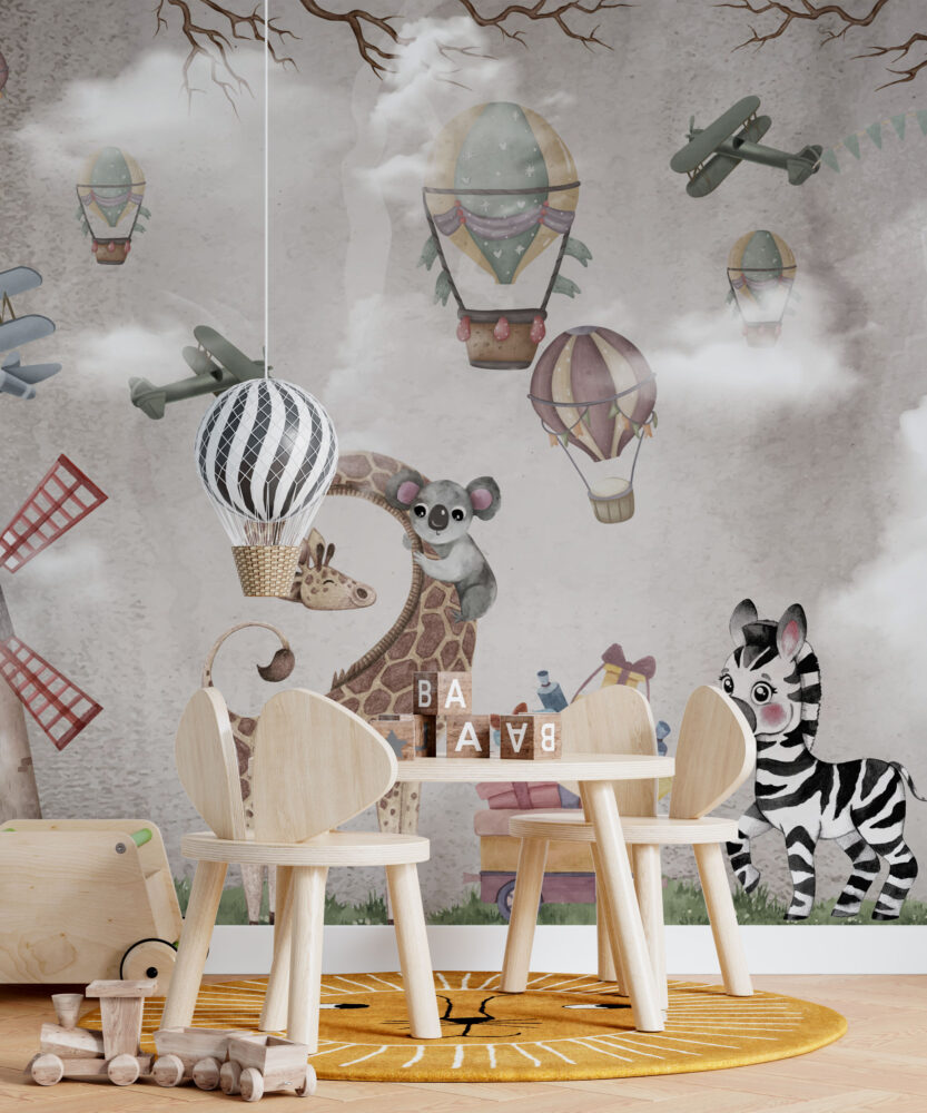 Airplane Balloon Animals Wallpaper : Vintage Sky Kids Mural - View 4