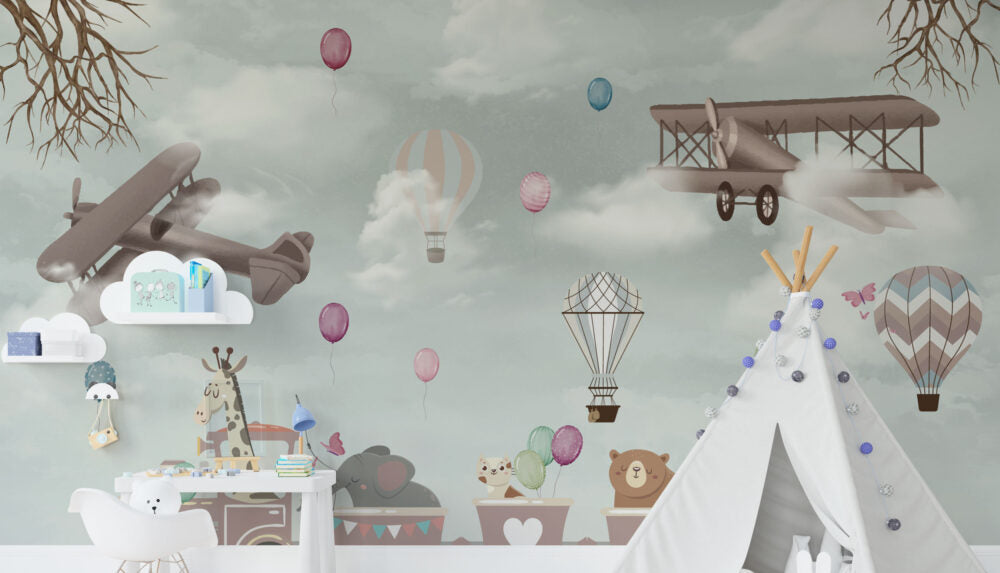 Animal Train Wallpaper : Hot Air Balloon Kids Mural - View 4