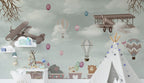 Animal Train Wallpaper : Hot Air Balloon Kids Mural - View 4