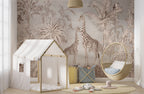 Sepia Giraffe Jungle Wallpaper : Soft Tropical Safari Mural - View 3