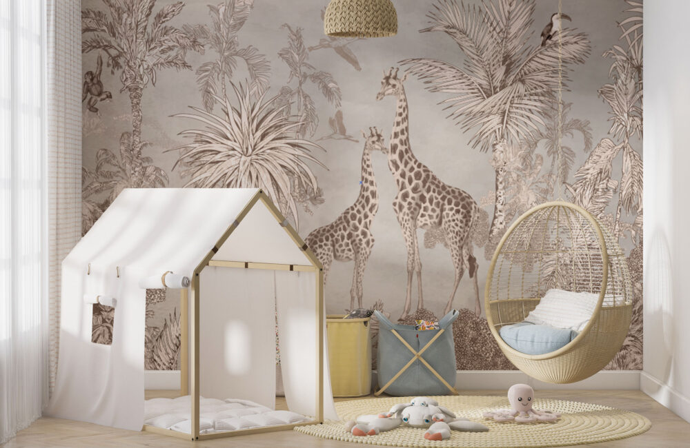 Sepia Giraffe Jungle Wallpaper : Soft Tropical Safari Mural - View 3
