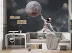 Astronaut and Moon Wallpaper : Dark Starry Space Mural