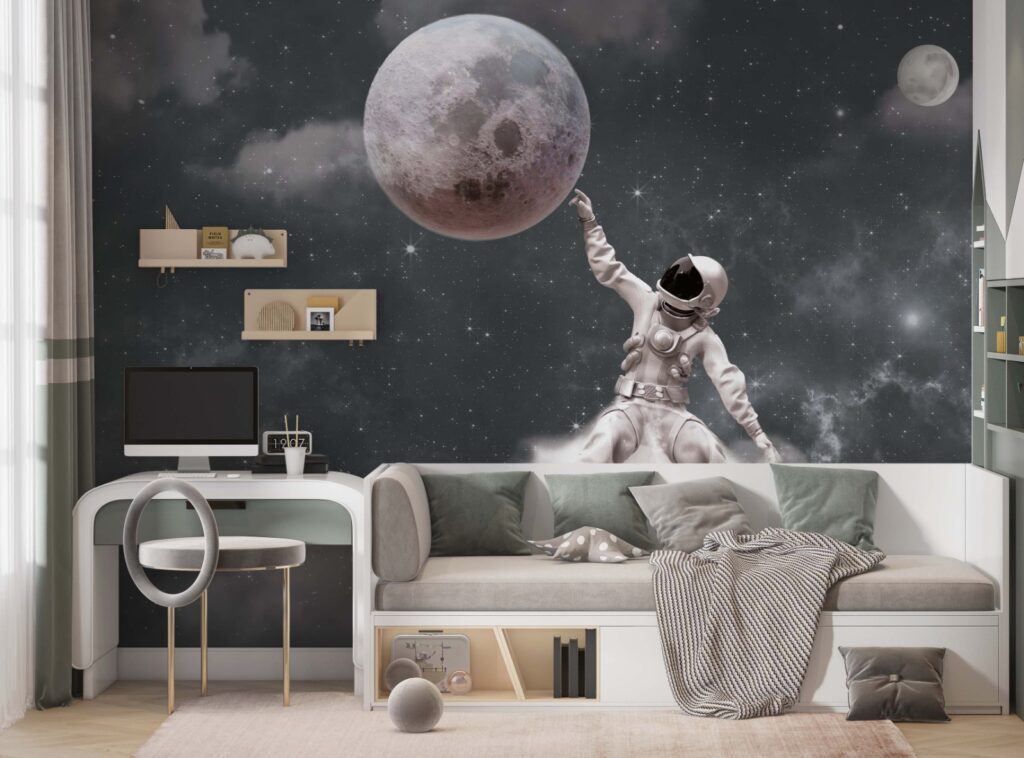 Astronaut and Moon Wallpaper : Dark Starry Space Mural