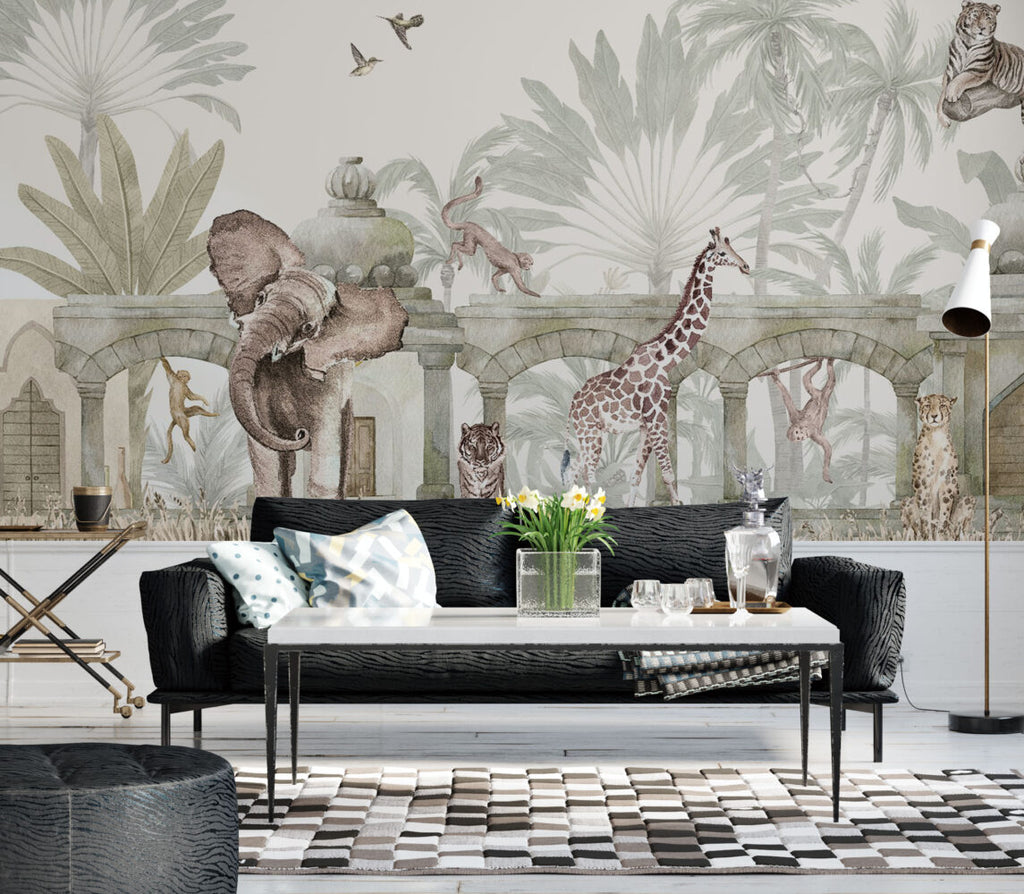 Ancient Ruins Safari Wallpaper : Soft Jungle Animal Mural - View 4