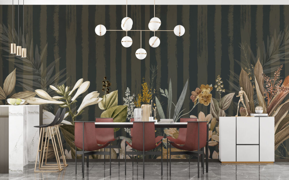 Dark Botanical Stripe Wallpaper : Wildflower Forest Mural - View 3
