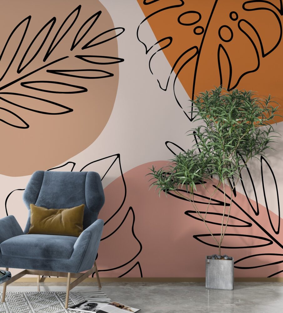 Orange Boho Leaf Wallpaper : Line Art Terracotta Shapes Mural - View 3