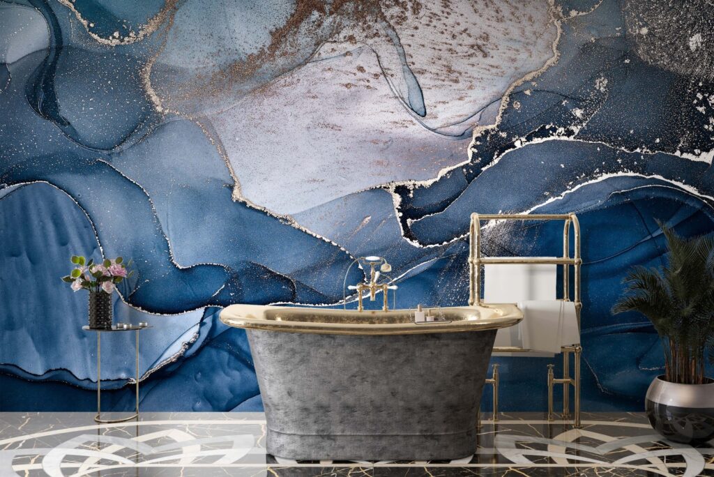 Navy Marble Wallpaper : Blue Gold Alcohol Ink Mural