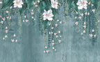Hanging Orchid Wallpaper : Teal Vine and Pink Blossom Mural - View 2