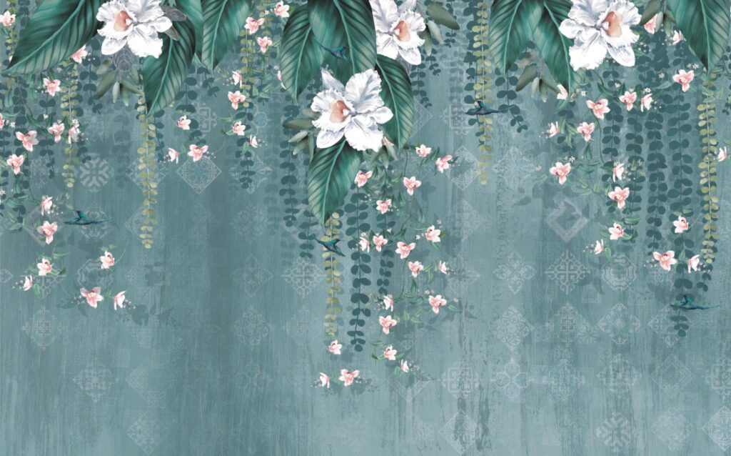 Hanging Orchid Wallpaper : Teal Vine and Pink Blossom Mural - View 2