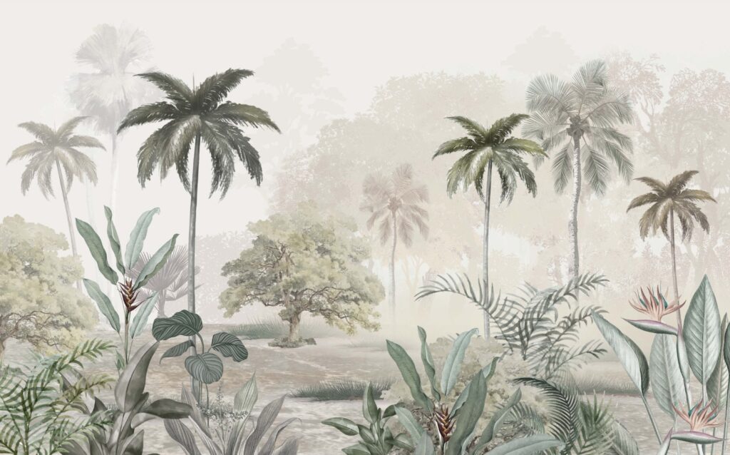 Misty Tropical Garden Wallpaper : Soft Palm and Oak Landscape Mural - View 2