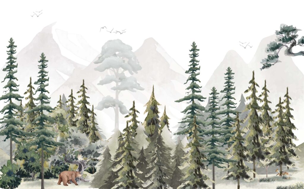 Watercolor Pine Forest Wallpaper : Kids Misty Mountain Mural - View 2