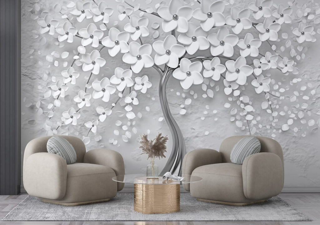 Grey Blossom Tree Wallpaper : 3D White Flower Mural