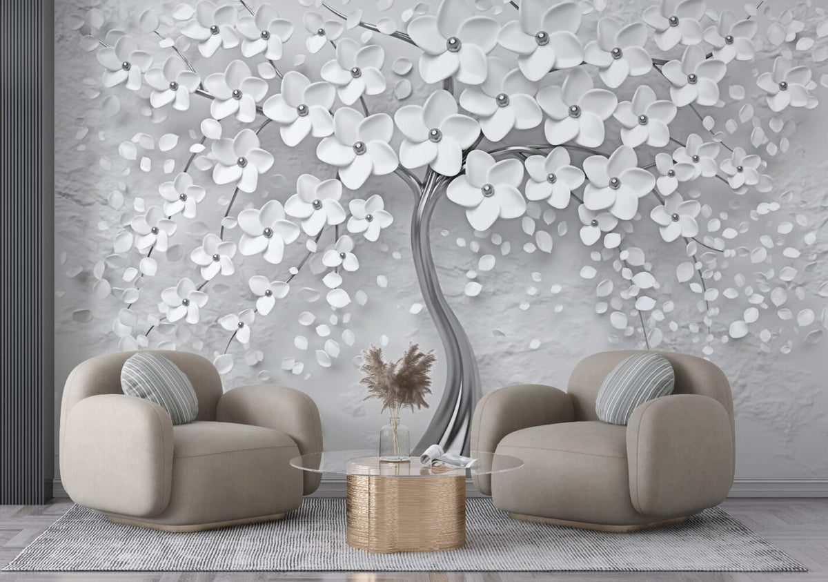 Grey Blossom Tree Wallpaper : 3D White Flower Mural