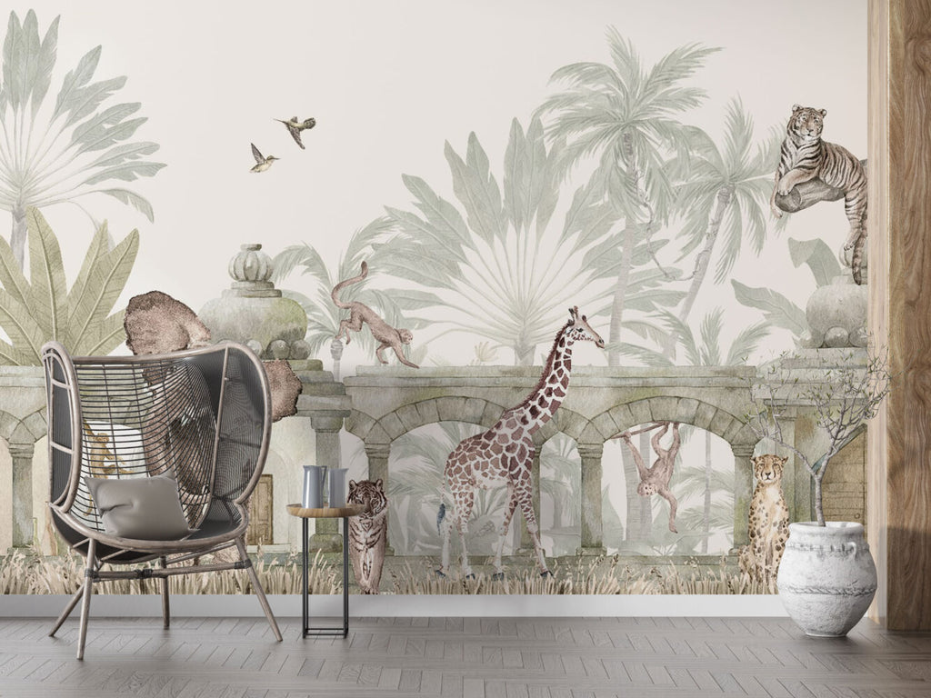 Ancient Ruins Safari Wallpaper : Soft Jungle Animal Mural