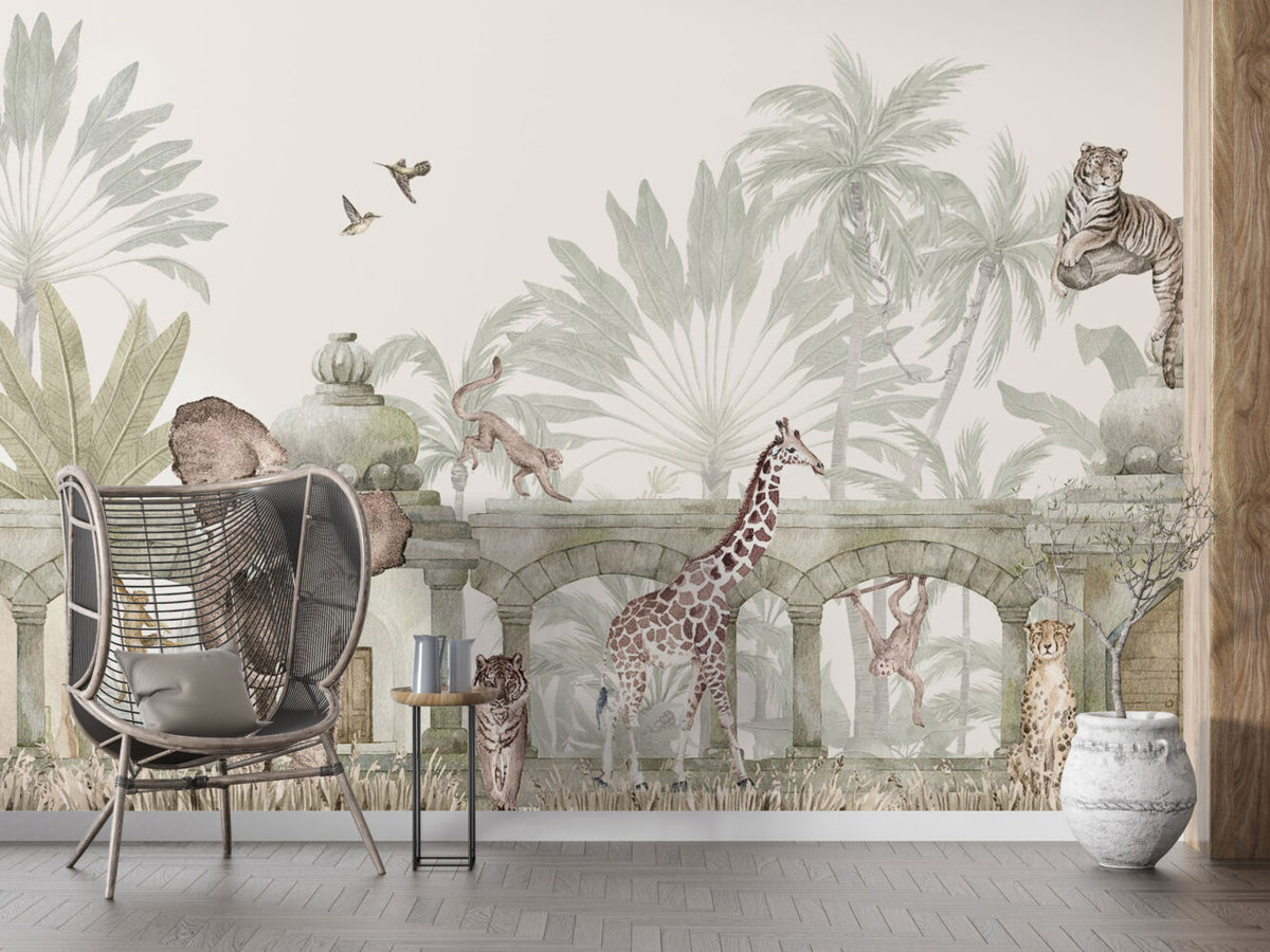 Ancient Ruins Safari Wallpaper : Soft Jungle Animal Mural