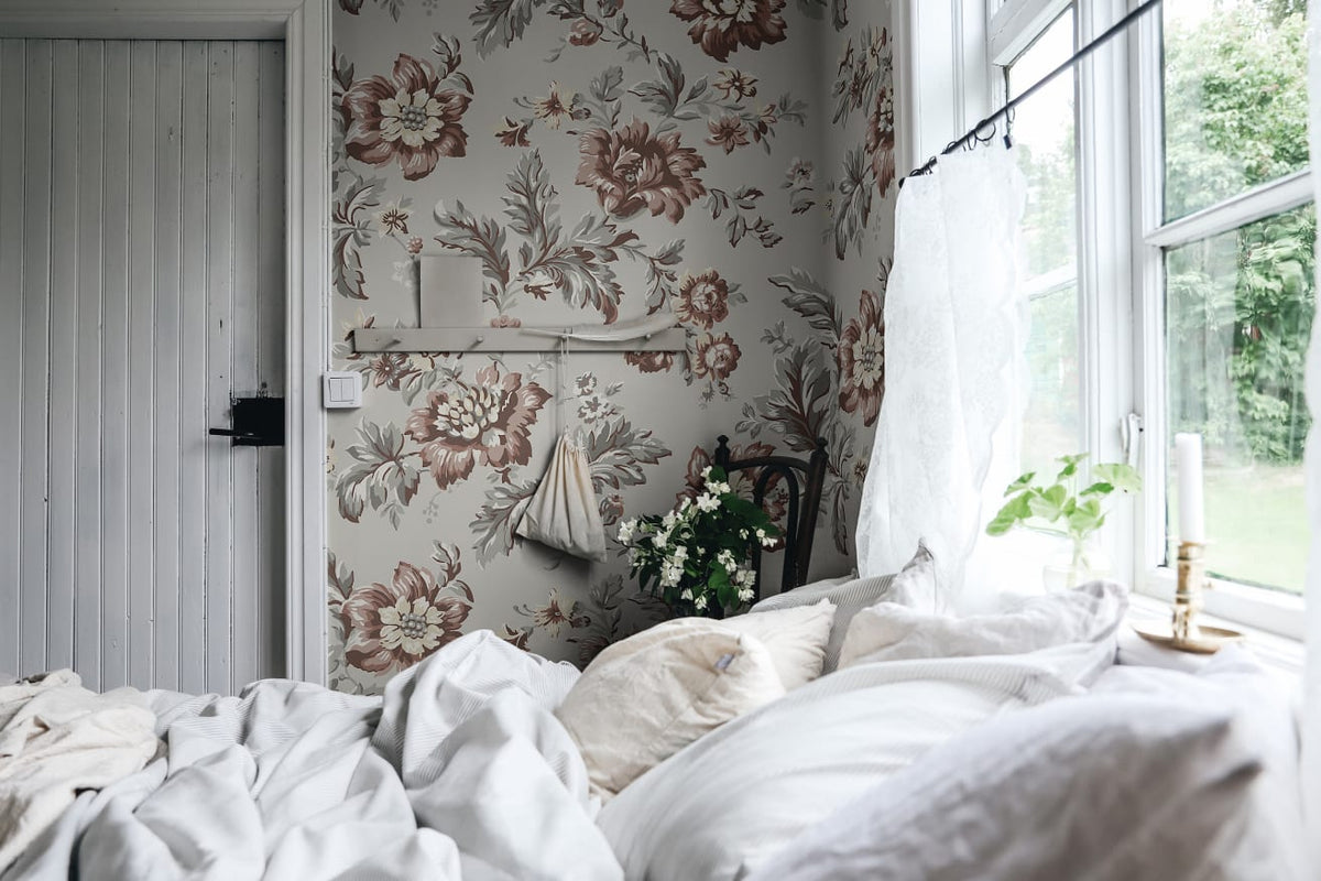 Vintage Brown Floral Wallpaper : Chintz Flower Pattern on Grey Mural