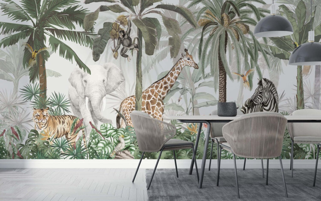 Giraffe Zebra Safari Wallpaper : Watercolor Jungle Mural - View 2