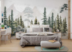Watercolor Pine Forest Wallpaper : Kids Misty Mountain Mural - View 3